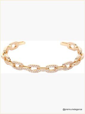 14K Gold Moissanite Open Bangle Bracelet, Geometric Chain Cuff, Women's Jewelry